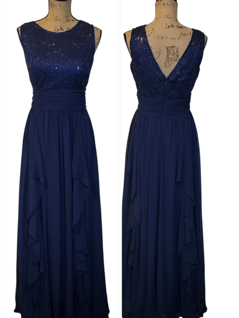 Eliza J Sheer Embroidery Sequins Ruched Ruffle Zip Formal Bridal Maxi Dress